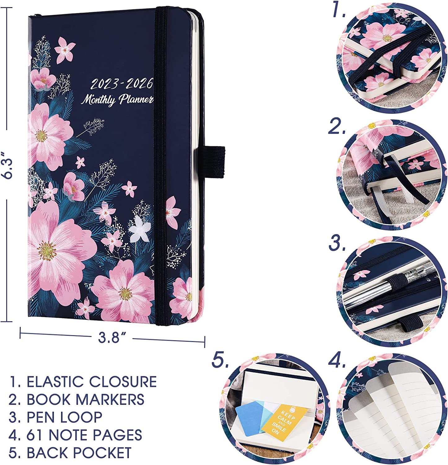 2023-2026 Pocket Planner/Calendar - 3 Year Monthly Planner from Jul 2023 - Jun 2026, 6.3" x 3.8", 2023-2026 Monthly Planner with 61 Notes Pages, Inner Pocket, Pen Loop, Elastic Closure - Image 3